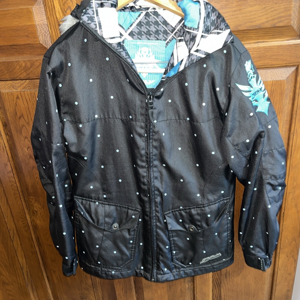Fly  Authentic Racing Jacket Sz Small Black‎ Teal Polka Dots Faux Fur Lined Hood